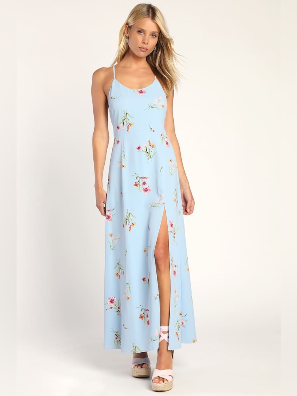Lulus Blooming Vision Light Blue Floral Print Maxi Dress. Size large.